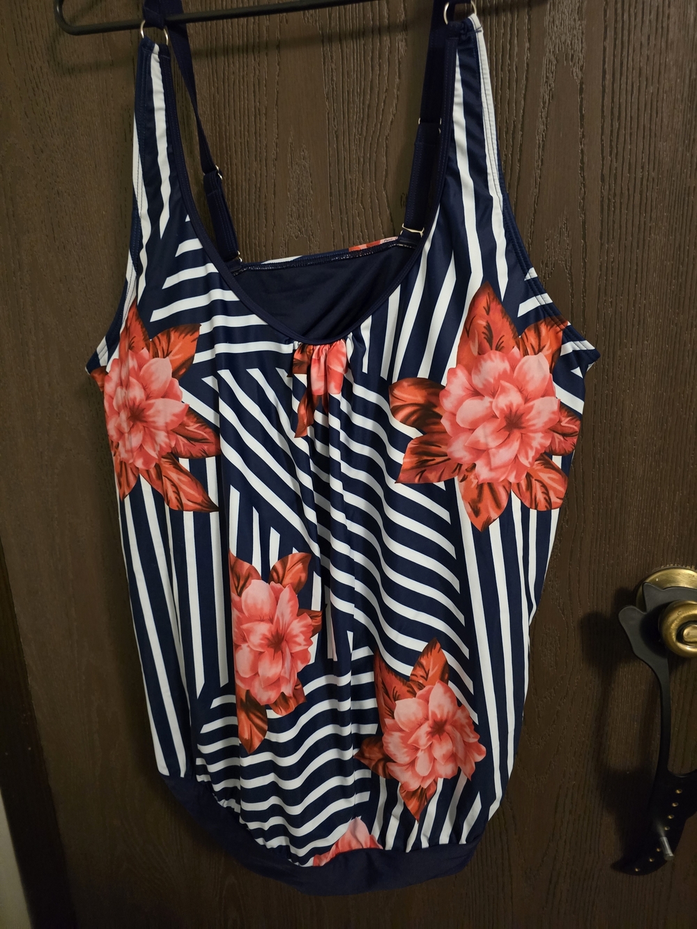 Yonique Navy & White Striped Tankini Coral Floral‎ Accents
